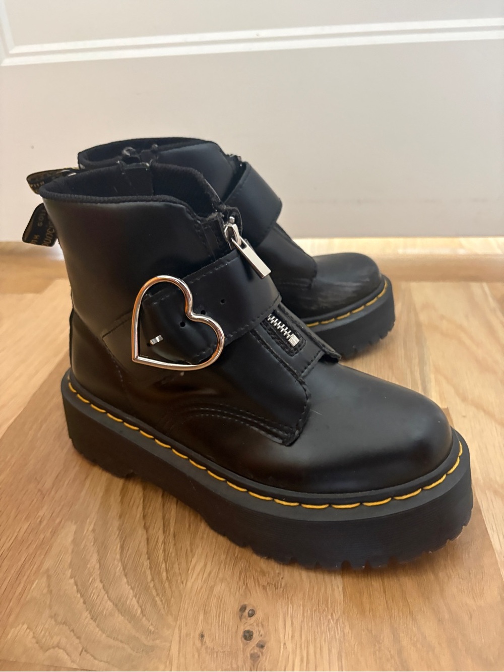 Dr. Martens Black Platform Ankle Boots with Heart Buckle